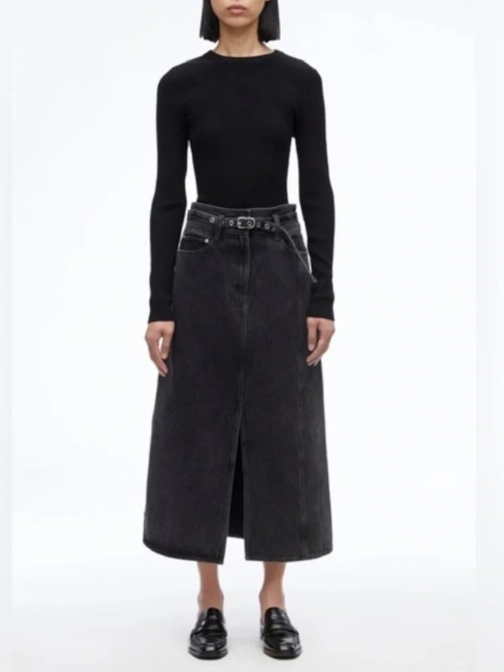 3.1 Phillip Lim Black A lin belted Midi Denim skirt Belt size 8